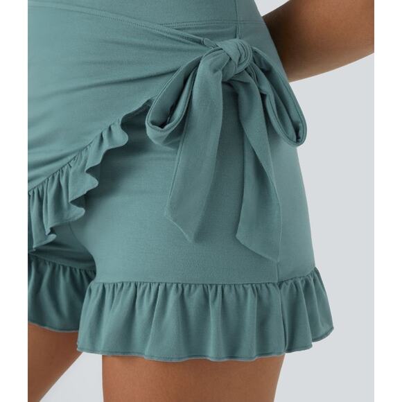NEW Halara Teal High Waisted Tie Side Ruffle Hem Flowy Casual Comfy Shorts XL - Picture 4 of 10